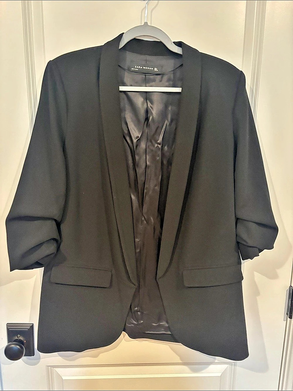 Zara Woman Black Shawl Collar Open Front Ruched Sleeve Blazer Large oversized